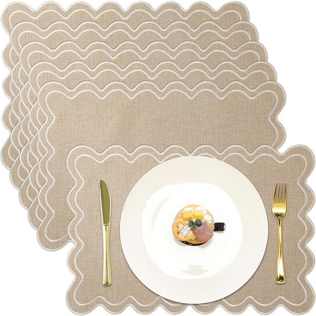 HunnmingRe Set of 6 Cotton Linen Placemats, 13x19 Inch Scalloped Wavy Embroidery Placemat Double Layered Washable Rustic Rectangle Dinner Table Mats for Kitchen Christmas(Linen with Beige)