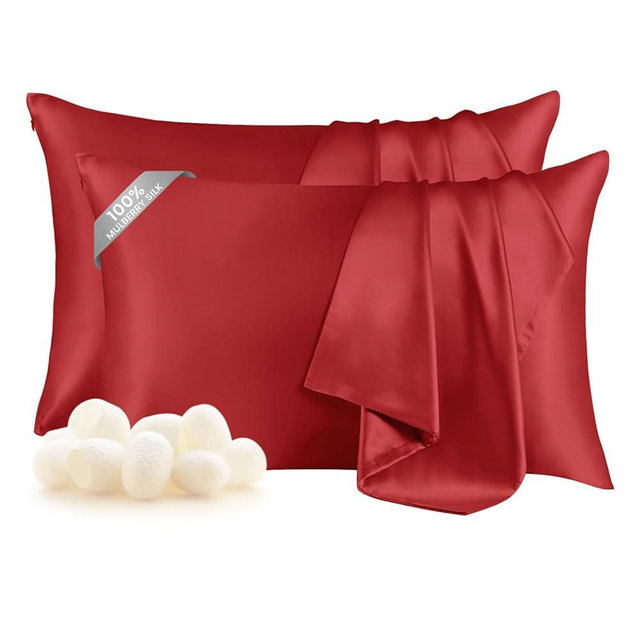 THXSILK Set of 2 100% Pure Mulberry Silk Pillowcases for Hair and Skin - Real Grade 6A+ Mulberry Silk - Durable, Soft and Anti-Aging Silk Pillow Cases with Zipper(King Size 20"x36", Red)