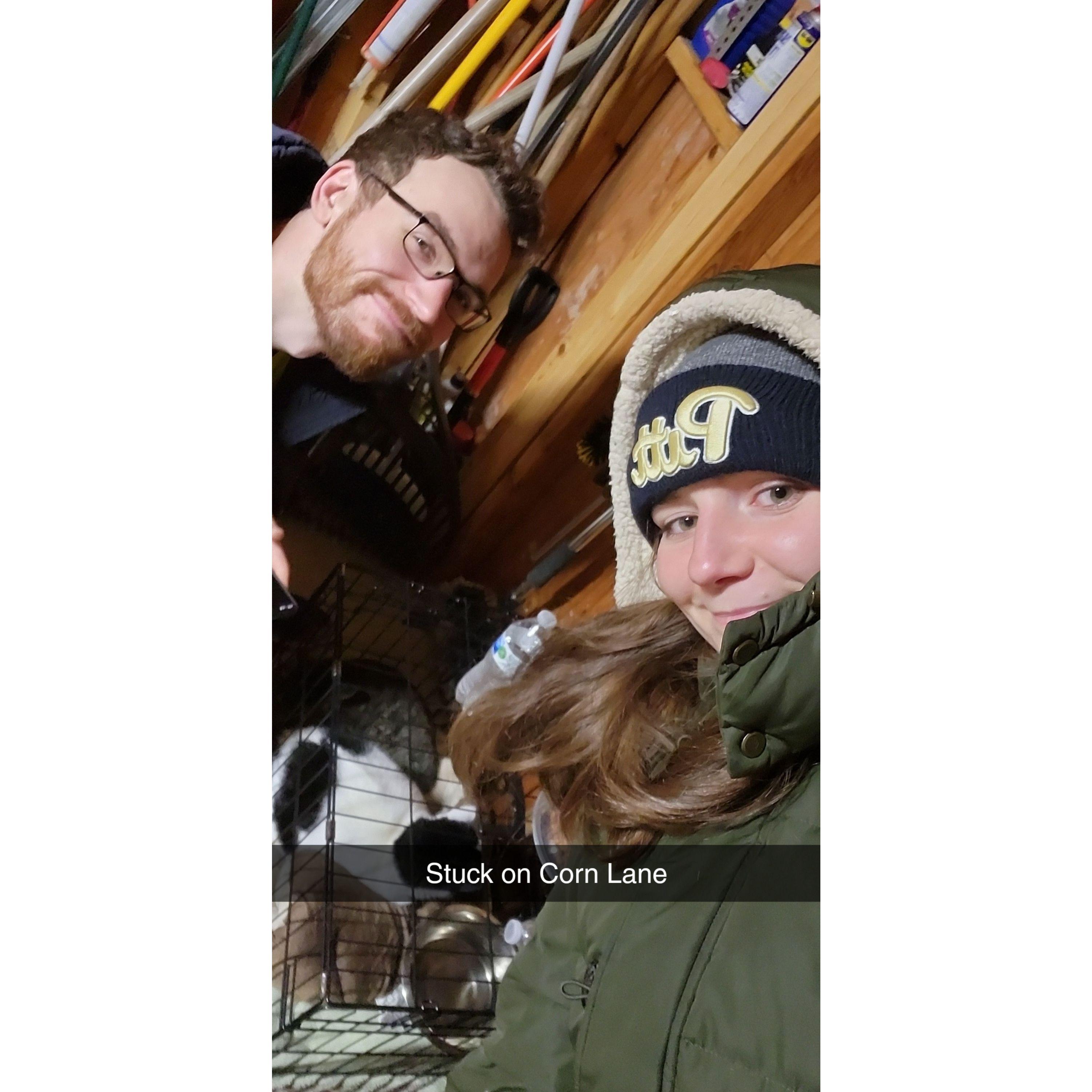 Away in a manger, no alternator for the car. Little Blake and Andrea didn't get very far. In the barn on the highway they stayed in wait. For AAA was to tow these two on Christmas Day.