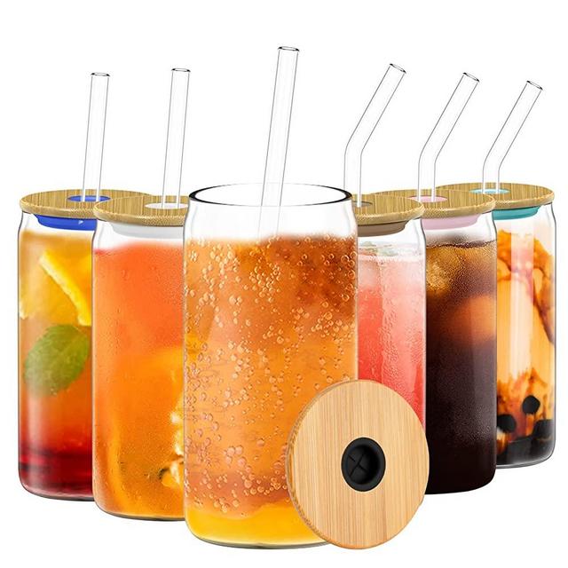 Zenbo 6pcs Set Glass Cups with Bamboo Lids and Glass Straw - Beer Can Shaped Drinking Glasses, 20 oz Iced Coffee Glasses, Cute Tumbler Cup,Ideal for Whiskey, Soda, Tea, Water, Gift (6 Pack, 20 oz)