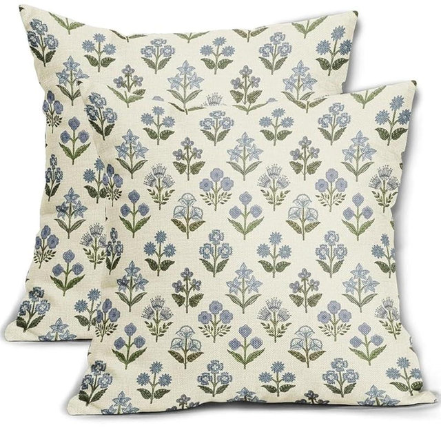 Sivirary Blue Green Block Print Pillow Covers 22x22 Inch Set of 2, Vintage Floral Spring Decorative Throw Pillow Cases Boho Cushion Covers Rustic Decoration Gift Farmhouse Sofa Couch Bed Decor