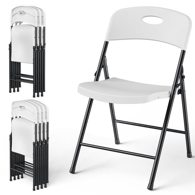 MAKE CHANGES Folding Chairs 8 Pack, Outdoor Portable Foldable Chair with Steel Frame, 300lbs Capacity Heavy Duty Metal White Plastic Folding Chairs for Patio, Picnic, Kitchen, Dining