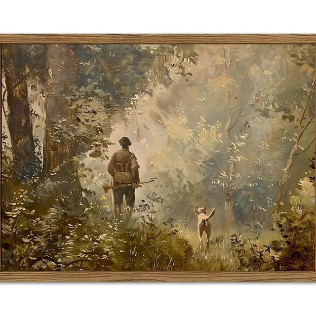 Vintage Hunting Wall Art, Dark Academia Hunting Wall Decor Owner and Hunters Dog Canvas Prints Moody Nature Forest Farmhouse Artwork for Bedroom Living Room 16x12 inch Wood Framed