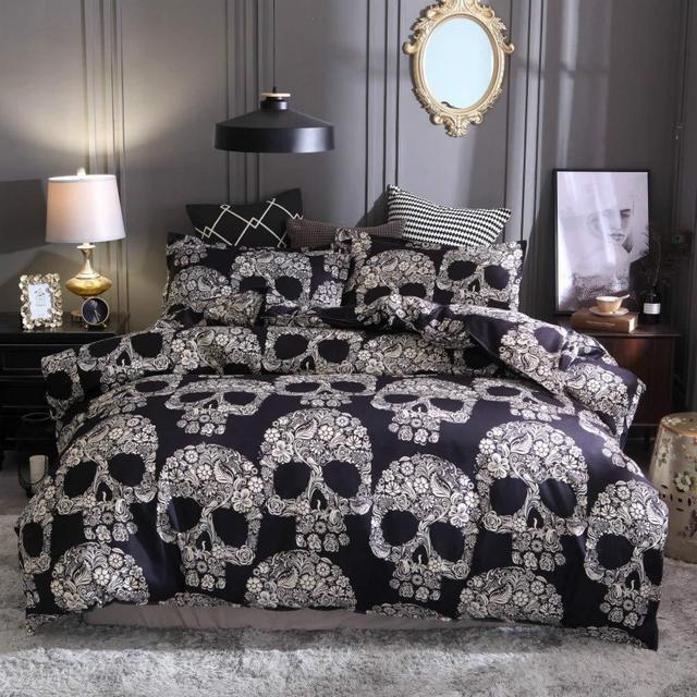 ZHH Skull Bedding Set Black and White Floral Skull Skeleton Microfiber Queen Size Duvet Cover Set 3 Piece
