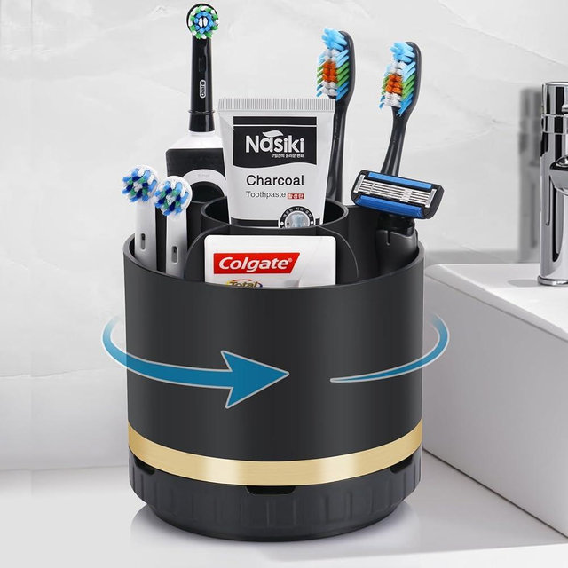 GFWARE Bathroom Organizer Countertop - Rotating Black Toothbrush Holder for Bathroom Accessories Organization Detachable 6 Slots Bathroom Sink Storage Caddy Vanity Organizer