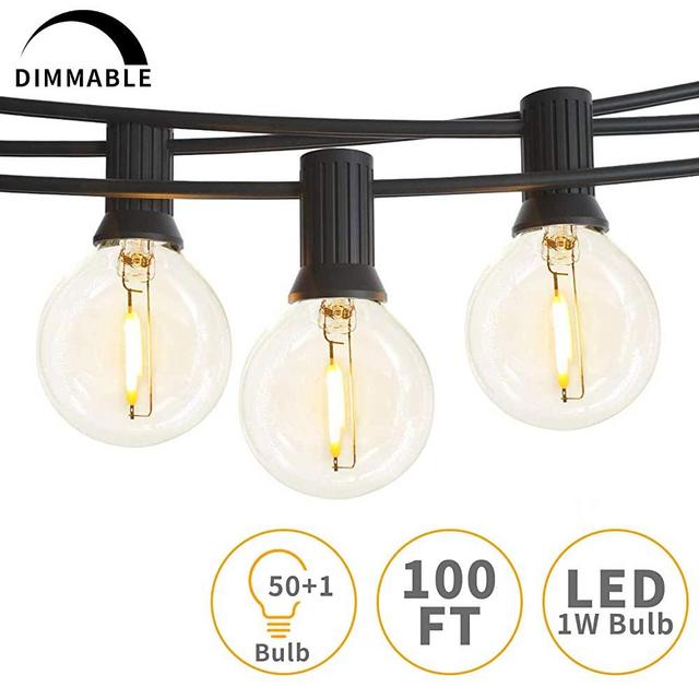 Svater Outdoor String Lights,100ft with 50 Dimmable Waterproof G40 LED Globe Bulbs - Clear Glass 1W 2200K Warm Glow for Indoor/Outdoor Decoration and Lighting