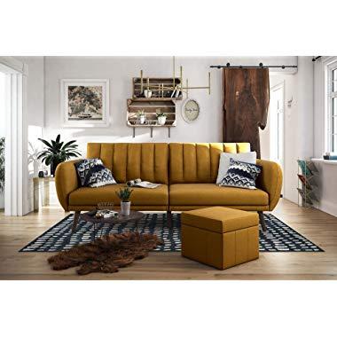 Novogratz Brittany Sofa Futon, Premium Linen Upholstery and Wooden Legs, Mustard Linen