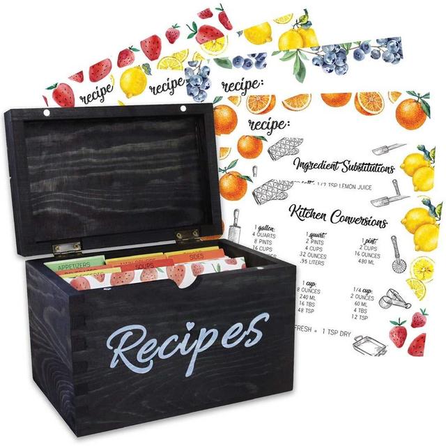 Baking Beyond Recipe Box, Recipe Card Holder Box with 100 4x6 inch Recipe Cards, 9 Dividers, 1 Conversion 1 Substitution Card, Vintage Style Solid Pinewood Recipe Organizer (7x5.3x4, Black)