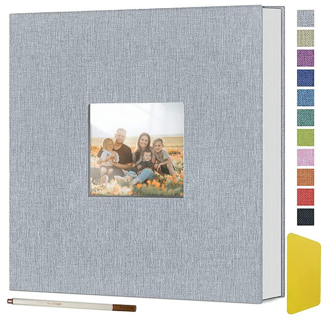 Photo Album Self Adhesive with Picture Display Window,DIY Scrapbook Album for 4x6-8x10 Picture,40 Pages Linen Fabric Cover Memory Book for Baby Wedding Family, with Scraping Plate and Metallic Pen