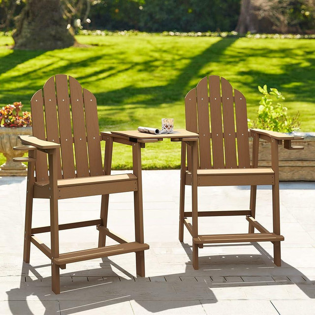 LUE BONA Tall Adirondack Chairs Set of 2, Recycled Poly Adirondack Chair Bar stools with Cup Holder, 25.6", 300Lbs, Eco-Friendly, Weather Resistant Lifeguard Chair for Balcony,Deck