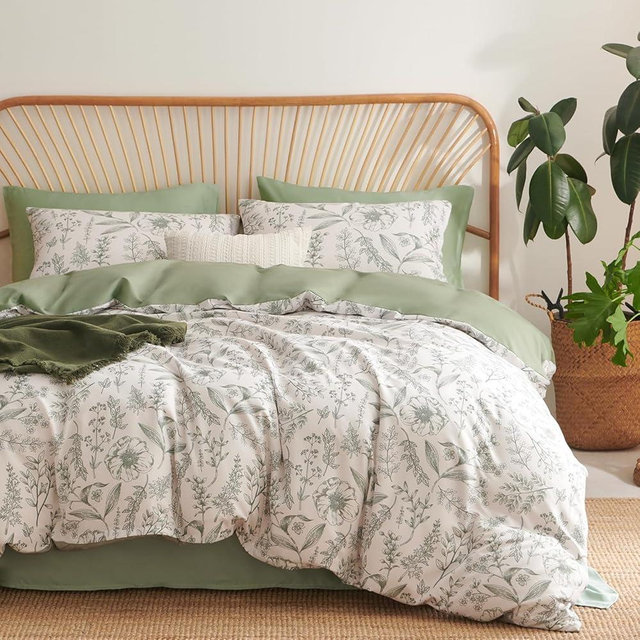 Bildenly Duvet Cover Set King Size Green Floral Bedding Set with Zipper Closure 3 Pieces Flower Leaves Garden Style Soft & Breathable Reversible Comforter Cover Set for All Seasons with 2 Pillowcases