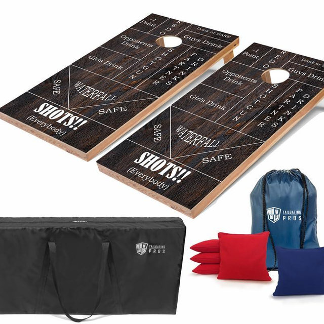 Tailgating Pros Regulation Cornhole Boards - 4'x2' Lightweight Wooden Retro and Classic Themed Cornhole Game w/Carrying Case & Set of 8 Corn Hole Bean Bags w/Tote