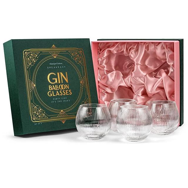 Vintage Art Deco Gin and Tonic Balloon Glasses | Set of 4 | 13.5 oz Stemless Crystal Copas for Drinking Gin Cocktails | Retro Gift Goblets for Gin Lovers | Faceted Fishbowl Bubble Cups for Bar Drinks