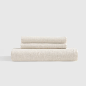 Queen European Linen Fitted Sheet Set in Natural/white Mini Pinstripe