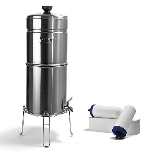 ProOne Big+ Brush Stainless-Steel Gravity Water Filter System, 3-Gallon Water Capacity, Countertop Water Dispenser for Home, Camping, and Travel Includes 2 ProOne 7-inch Filter Elements and Wire Stand