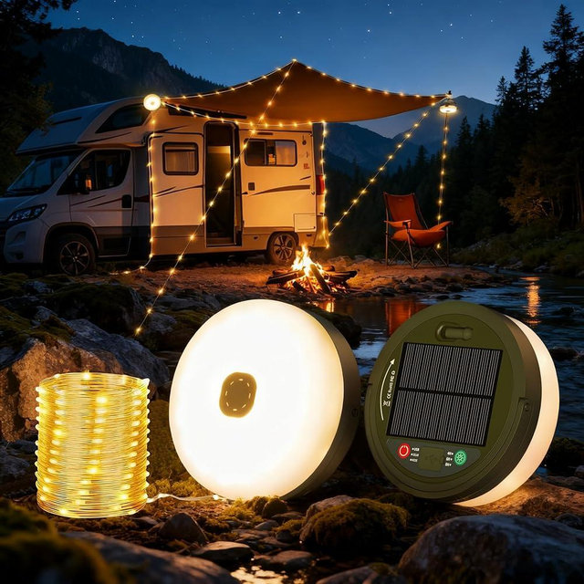 YUNJAYI Solar Camping String Lights, 33FT 3000mAh Retractable 4 in 1 Camp Lights with 8 Modes, Portable Rechargeable Camp Lamp, Camping Lamp Outdoor Waterproof, Tent Light for Party, Yard, Hiking