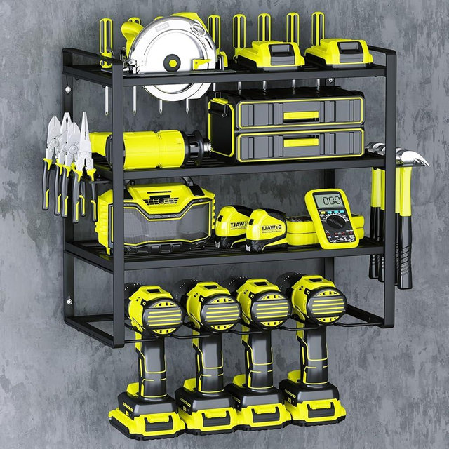 KAFAHOM Power Tool Organizer,4 Layer Drill Holders Wall Mount,Heavy Duty Metal Organizers and Storage Rack for Garage Organization,Tools Shelves with Screwdriver Plier/Hammer Holder, Black