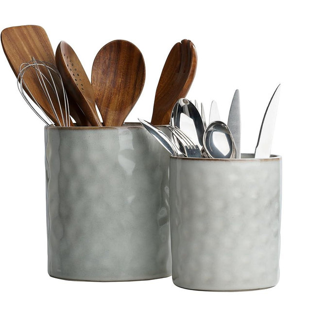 famiware Ocean Utensil Holder, 7.2"+5.8" Ceramic Kitchen Utensil Holder for Countertop, 2 Pieces Cooking Utensil Crocks, Utensil Organizer for Spatula & Spoon, Kitchen Decor, Set of 2, Gray