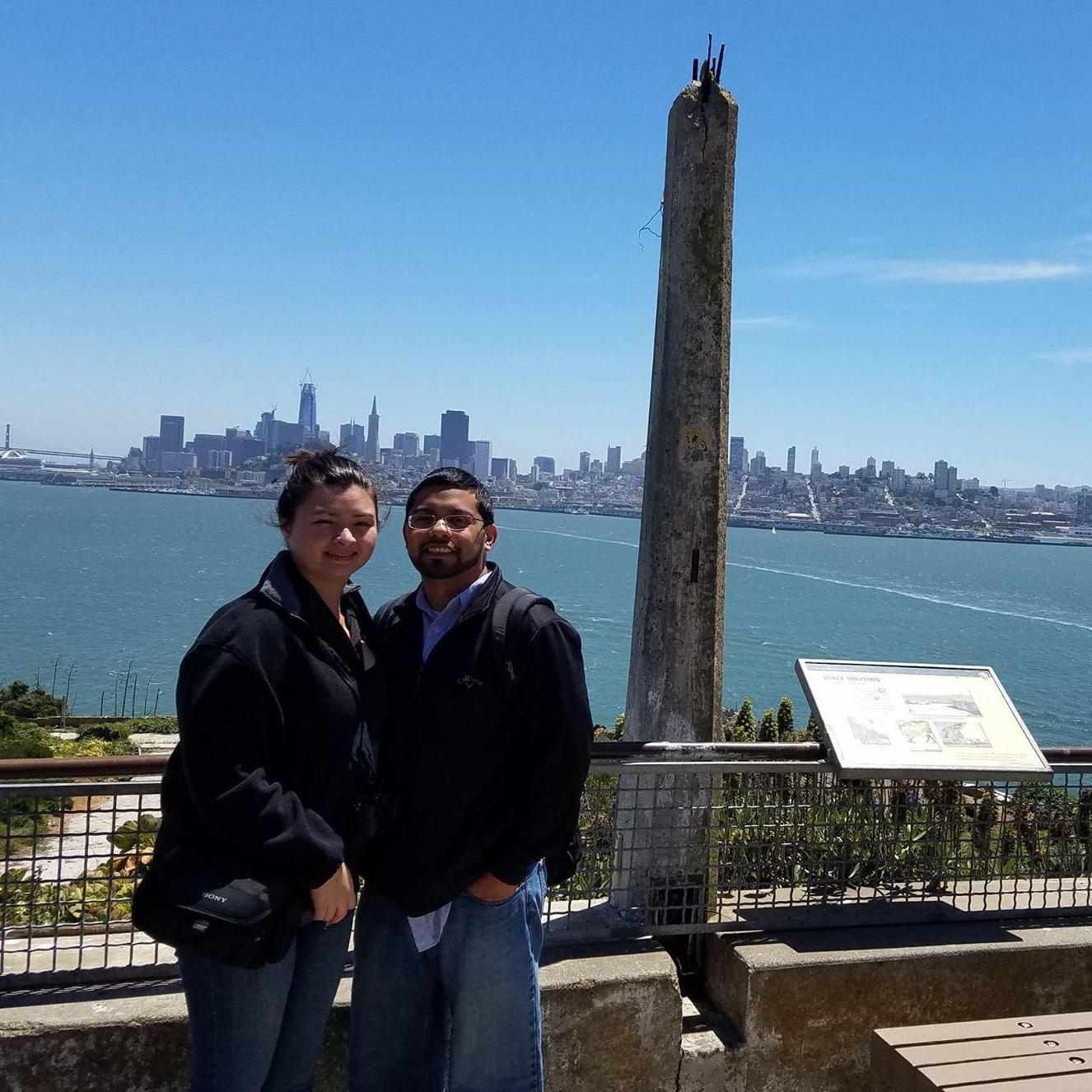 Saying cheese on Alcatraz Island with San Fransisco in the background.