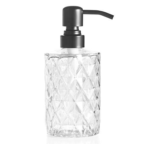 Easy-Tang 12 Oz Clear Glass Soap Dispenser - Refillable Wash Hand Liquid, Dish Detergent, Shampoo Lotion Bottle with Oil Black Pump Holder, Ideal for Bathroom Countertop, Kitchen, Laundry Room