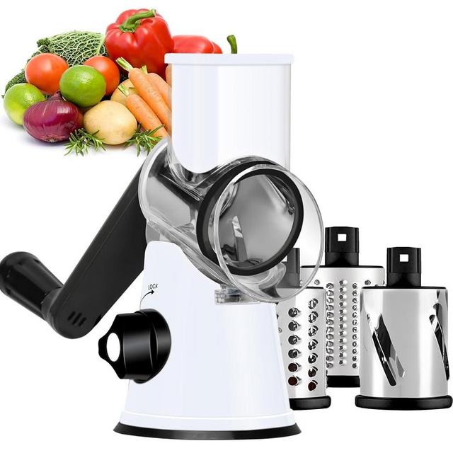 Ourokhome Rotary Cheese Grater Hand Crank, Kitchen Shredder Speed Mandolin Slicer Nuts Grinder with Handle and Drum Blades for Cheese, Vegetable, Walnuts, Chocolate, Potato, 3 Blades, White Black