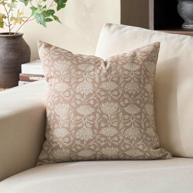 DOMVITUS Floral Pillow Covers 18x18 Decorative Throw Pillow Covers Floral Block Print Farmhouse Vintage Neutral Pillow Cover for Living Room Couch Bed Light Camel 1PC