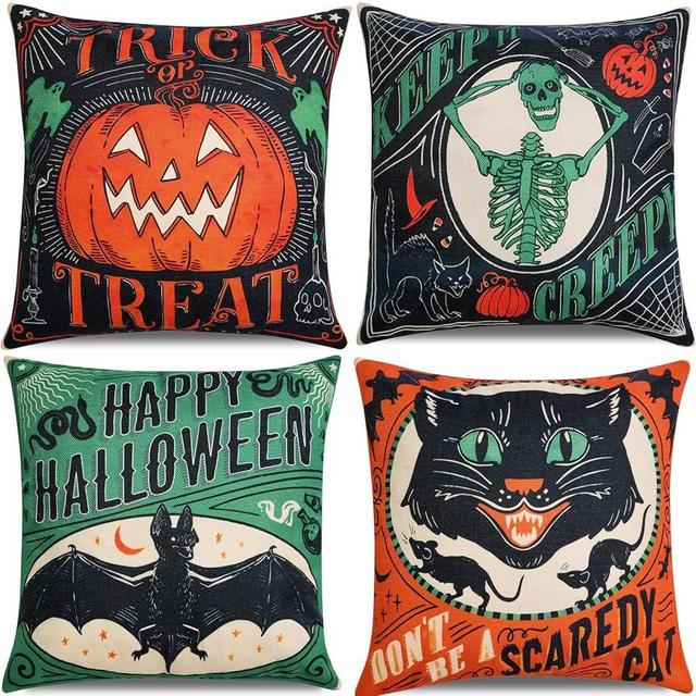 Vintage Halloween Decor-Throw Pillow Covers 18x18 in set of 4,Retro Linen Pillow Case with Scaredy Cats Pumpkins Skull Bats for Couch Fall Holiday Outdoor Burnt Orange Green Black Decorations