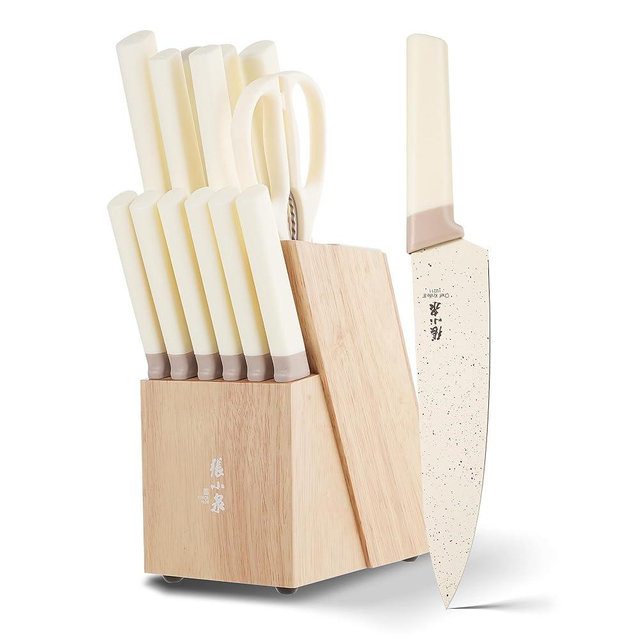 ZHANG XIAO QUAN SINCE 1628 15Pcs Knife Set with Block, High Carbon Stainless Steel Kitchen Knife Set with Ceramic-Coated Blade, Sharp and Durable, Hundreds of Years of Masterful(Cream)