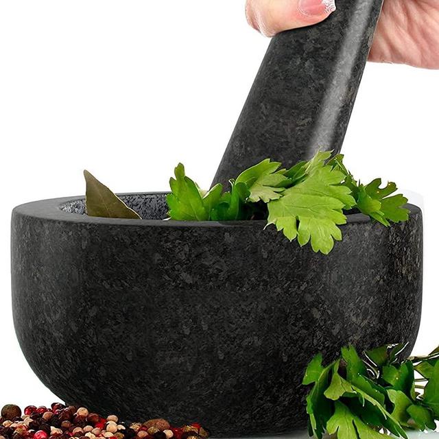 PriorityChef Mortar and Pestle Set, 100% Natural Granite with Polished Black Exterior Finish, 1.5 Cup Capacity, Black