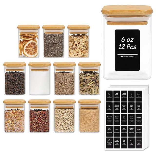 ComSaf Spice Jars with Labels 6 oz 12Pack, Small Spice Containers Starter Set, Glass Seasoning Jars with Lids, Square Seasoning Containers for Salt, Pepper, Chili Powder, Sugar, Ginger Ground, Cumin