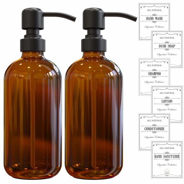 Sunrise Premium 2-Pack Amber Glass Soap Dispenser with Matte Black Stainless-Steel Pump, 16 Oz Empty Refillable Dish Soap Dispenser for Kitchen Sink and Bathroom