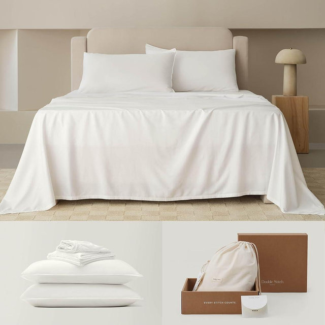 Double Stitch by Bedsure Cotton Tencel Sheet Set - Good Housekeeping Award Winner, Queen Sheet Set Cooling, Soft Luxury Bedding Set, 1 Fitted Sheet, 2 Pillowcases, Cream