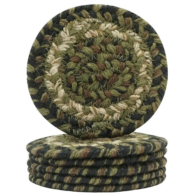 Homespice Pinecone Jute Woven Coasters 4", Warm Country Rustic Decor, Set of 6, Green - Durable, Absorbs Moisture, Easy to Clean and Protects Furniture
