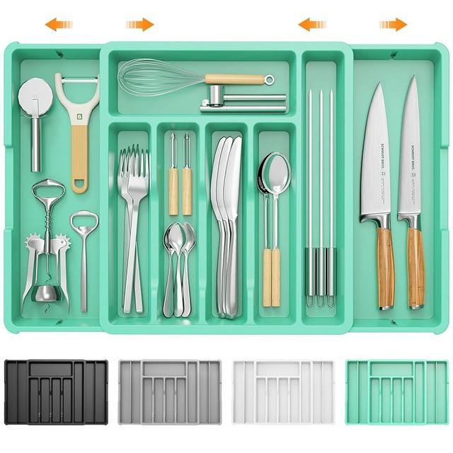 KreuRaxy Expandable Silverware Drawer Organizer, Adjustable Kitchen Flatware Organizer with Removable Dividers, Large Capacity Utensil Holder, Cutlery Tray for Kitchen Office Bathroom Supplies(Teal)