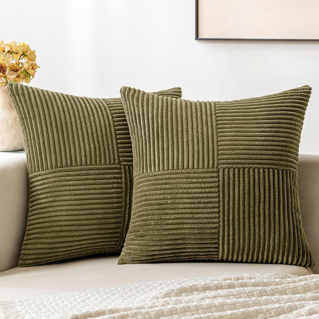 MIULEE Olive Green Corduroy Pillow Covers Pack of 2 Boho Decorative Spliced Throw Pillow Covers Soft Solid Couch Pillowcases Cross Patchwork Textured Cushion Covers for Living Room Bed Sofa 18x18 inch