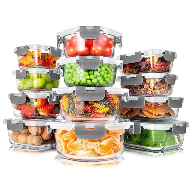 SereneLife 24 Piece Glass Storage Containers with Lids, 12 Pack Glass Meal Prep Container Set for Lunch, Kitchen Storage, Food Storage, Leak Proof, Freezer Safe and Dishwasher Safe, Gray