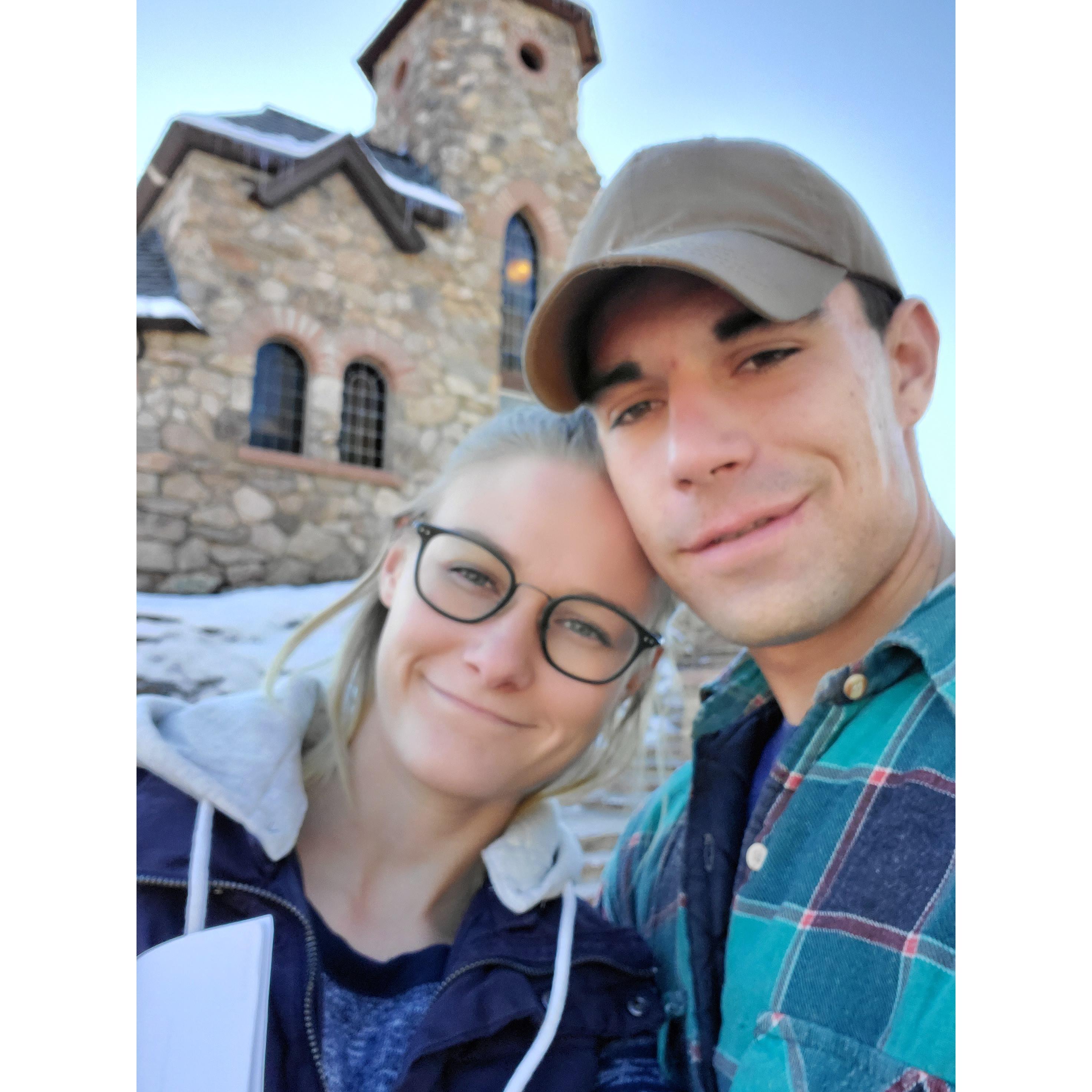 Standing in front of the chapel where we will get married.