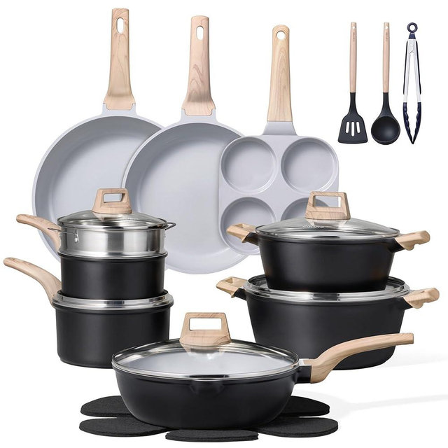 CAROTE 21pcs Pots and Pans Set Nonstick, Cookware Set Black Induction Kitchen Cooking Set w/Frying Pans & Saucepans(PFOS, PFOA Free)