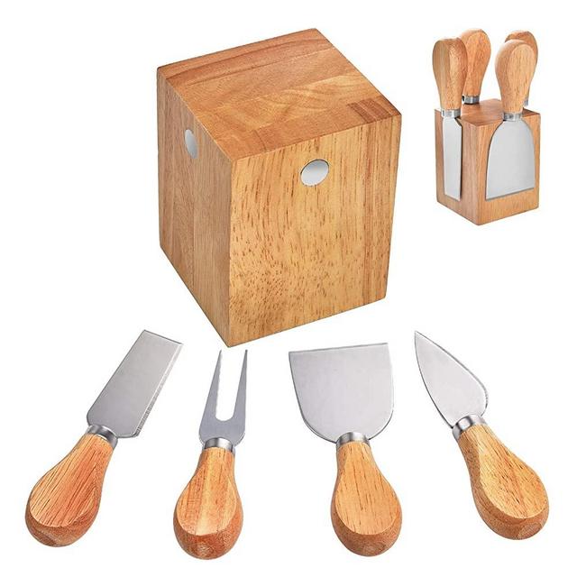 Cheese Knife Set with Holder Stand,Set of 4 Pieces Cheese Cutter Knives Set for Charcuterie Board,Stainless Steel Cheese Spreader,Slicer,Shaver,Fork with with Wood Handle & Magnetic Knife Block