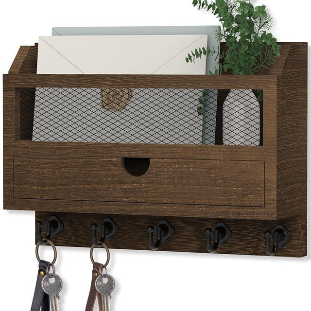 Nekon Key and Mail Holder for Wall, Key Organizer with 5 Hooks & Storage Drawer, 11" W x 7.9" H x 3.1" D Wooden Key Rack for Entryway and Home Decor (Brown)