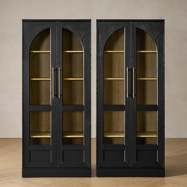 mopio Blake Tall Display Cabinet, Kitchen Buffet Pantry Cupboard, Trophy Display Case, Storage Cabinet Scratch Resistant Acrylic, Modern Farmhouse Curio Organizer (Black Oak Arched, Set of 2)