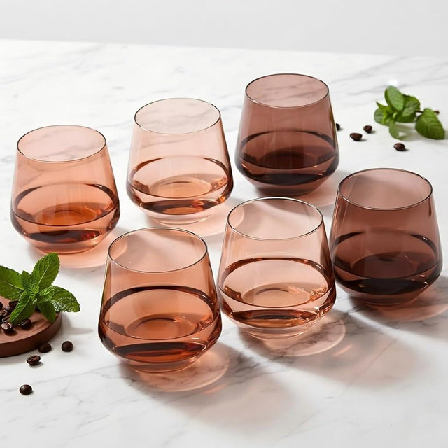 Colorsavant Venus Stemless Wine Glasses Set 6-14oz Melanin Colored Wine Glasses Stemless【HandBlown】 Brown Wine Glasses Set,Unique Brown Wine Glasses for Kwanzaa
