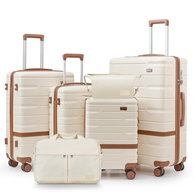 NEISIA Luggage Sets Lightweight Hard Shell Suitcases with Spinner Wheels for Family Travel - Durable PC+ABS Material Carry On Luggage YKK Zippers (Beige, 6 Piece Sets (18/20/24/28/DB/TB))
