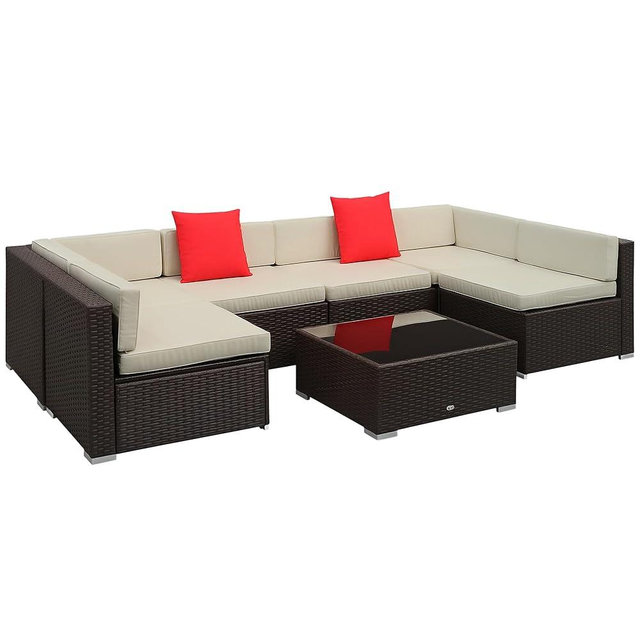 Outsunny 7 Piece Patio Furniture Set, Wicker Outdoor Sectional Sofa Set, All Weather PE Rattan Outdoor Furniture Conversation Sets with Cushions, Glass Top Coffee Table, Pillows, Cream White