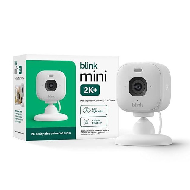 Blink Mini 2K+ (newest model) with 1-Year Subscription – Plug-in Home & Pet Security Camera with 2K video resolution, smart motion detection, works with Alexa – 1 camera (White)