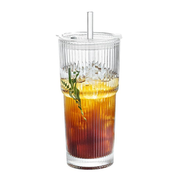 Puraville 20oz Glass Cup with Lid and Straw, Vintage Ribbed Glassware for Whiskey Cocktail Beer, Mason Jar Drinking Glasses Tumbler Iced Coffee Cup