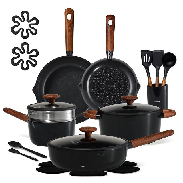 CAROTE 21pcs Cookware Set Nonstick Pots and Pans Set, Ceramic Cookware Set Induction Cookware, Non toxic Healthy Non Stick Kitchen Cooking Set, PFAS PTFE Free, Black