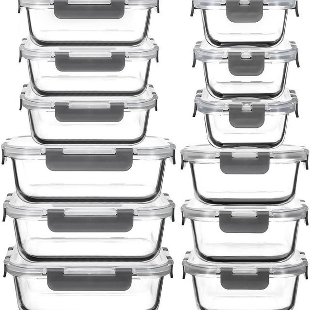 AILTEC 12 Pack Glass Food Storage Containers with Lids, Glass Meal Prep Containers Set with Leak Proof Lids, Airtight Lunch Container for Kitchen, Microwave, Oven, Freezer, Dishwasher Safe, Bpa free