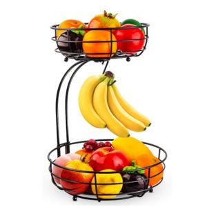 Auledio Iron 2-Tier Countertop Fruit Vegetables Basket Bowl Storage With Banana Hanger, Black, 64 ounces
