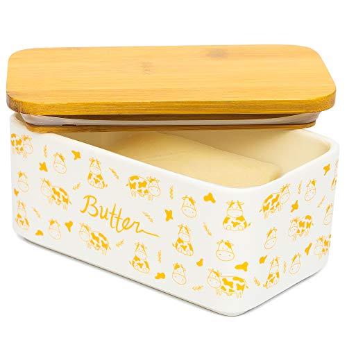 Lumicook porcelain butter dish with lid, Natural bamboo lid, seal included for airtight butter dish, butter holder easily fits 2 sticks of butter